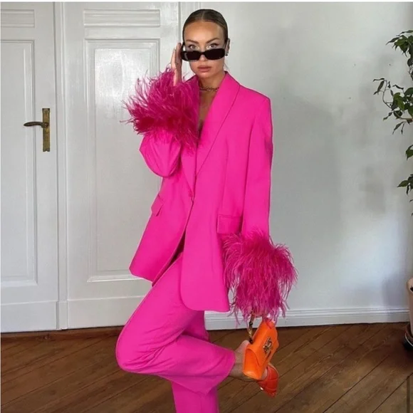 🔥HOT!! 🔥 2 PIECE ZARA NWT Feather Sleeve Blazer Pink & Matching Trousers